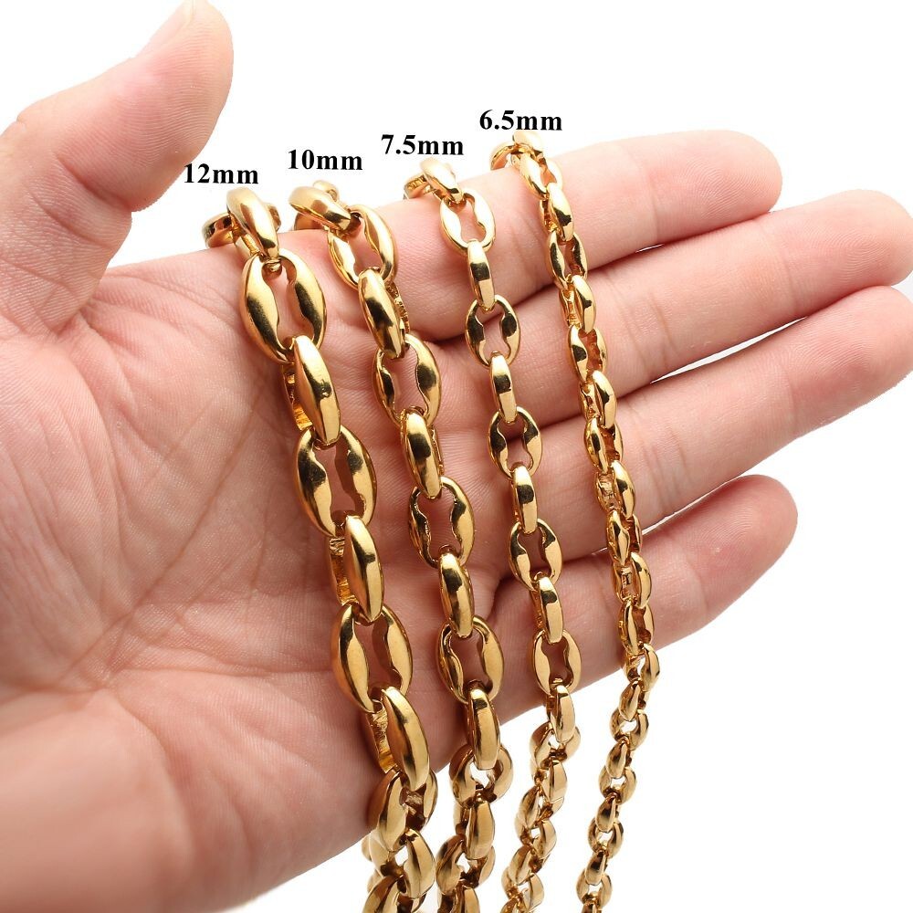 6.5/7.5/10/12mm Men’s Gold Stainless Steel Coffee Beads Chain Necklace 16″-40″