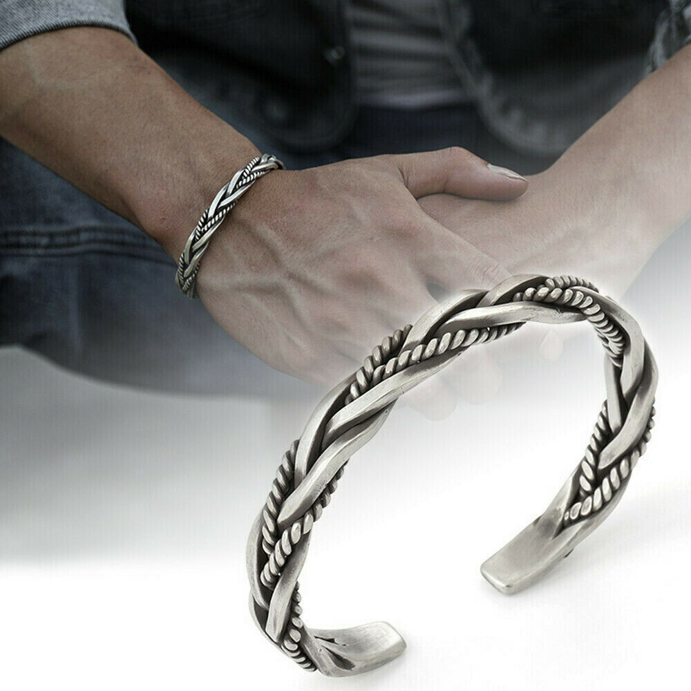 925 Sterling Silver Thai Handmade Vintage Open Bangle Twisted Cuff Men Bracelet