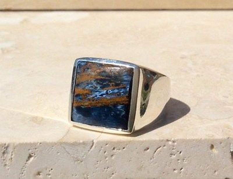 Solid 925 Sterling Silver Natural Pietersite Square Gemstone Men’s Unisex Ring