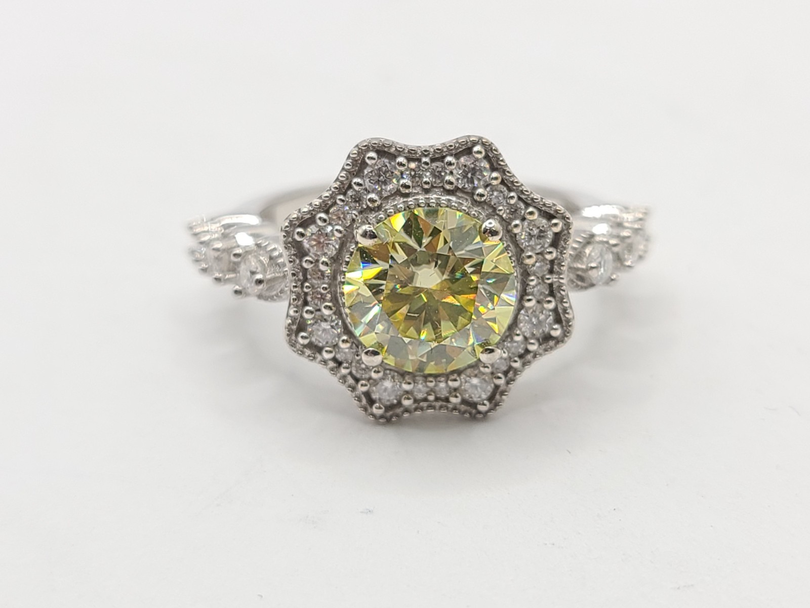 Yellow & White Moissanite 2.30 ctw Sunflower Ring Rhodium Sterling Silver sz 7