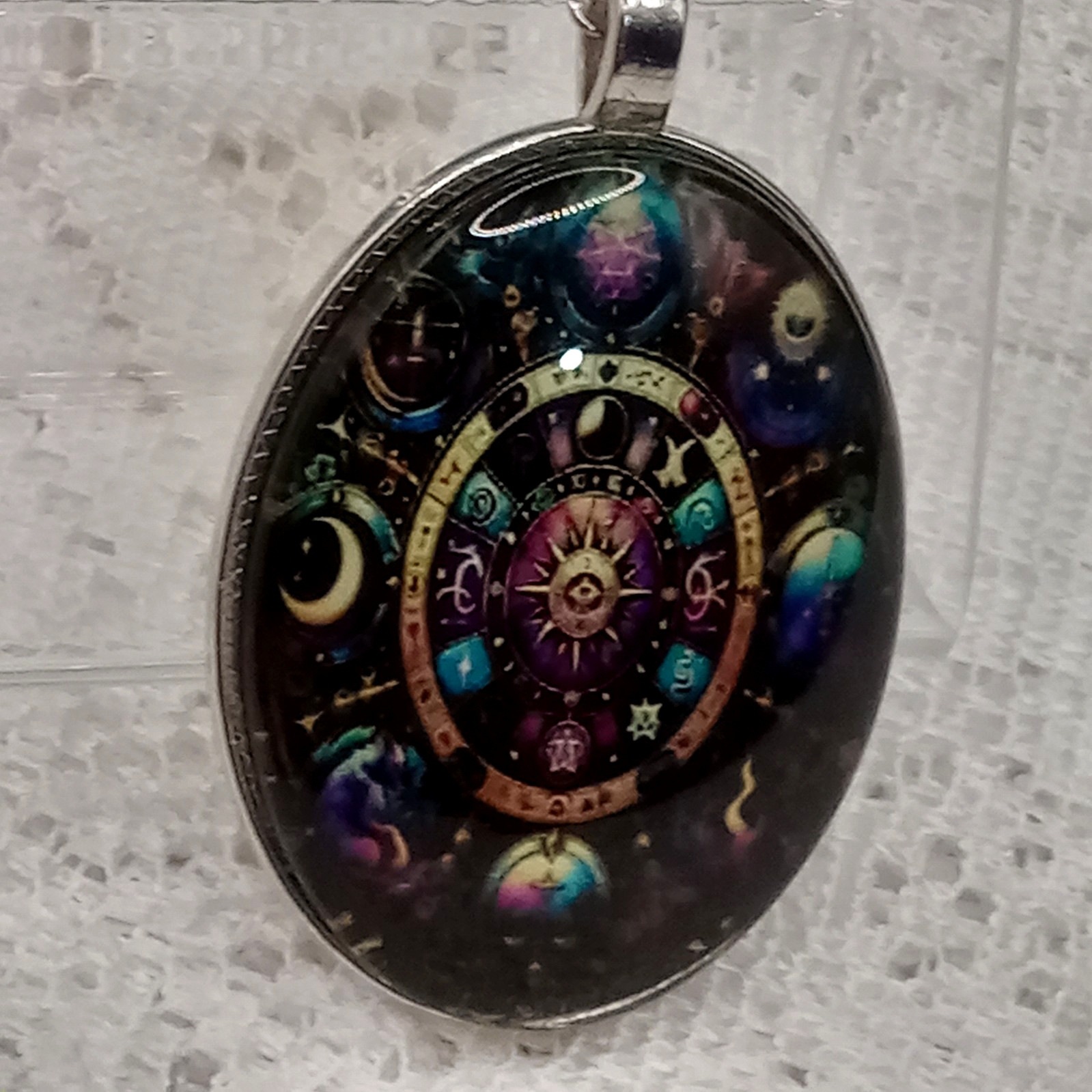 Celestial Necklace Oval Blue Pendant Astrological Symbols Silvertone Chain