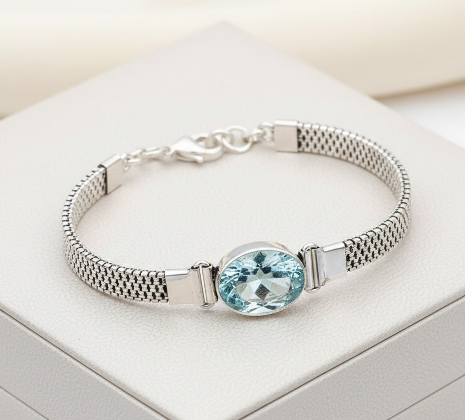 Aquamarine Gemstone Bracelet 925 Sterling Silver Artisan Jewelry S-8.5 in
