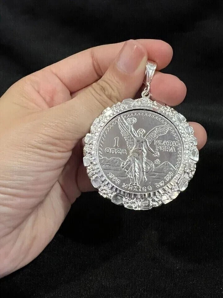 Sterling Silver Nugget CENTENARIO Shape Unisex Pendant 14K White Gold Plated