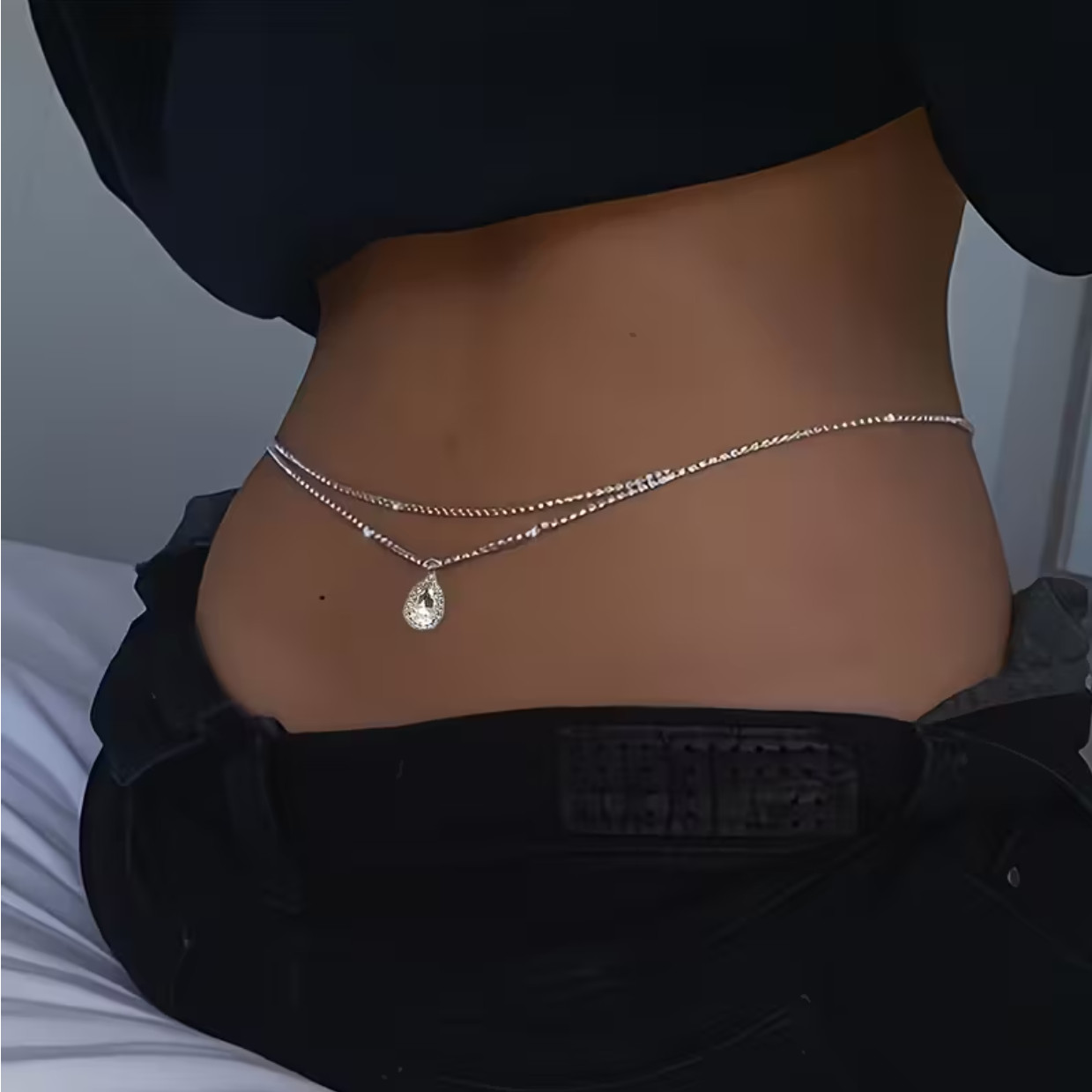 Rhinestone Belly Chain Crystal Pear Teardrop Pendant Waist Glam Belt SEXY Bling