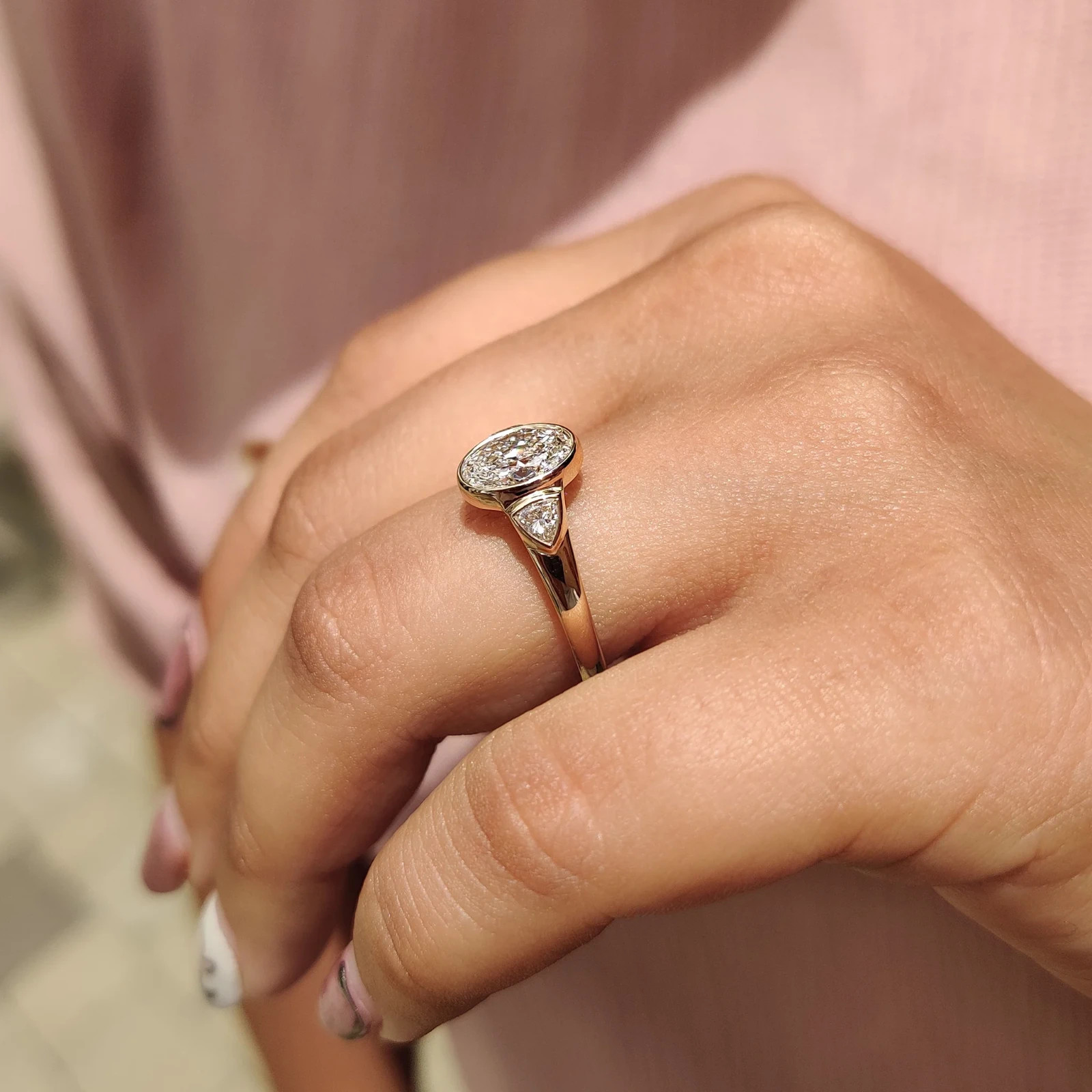 2.00CTOval Bezel Engagement Ring 9K Yellow Gold Lab Grown Diamond Trillion Sides