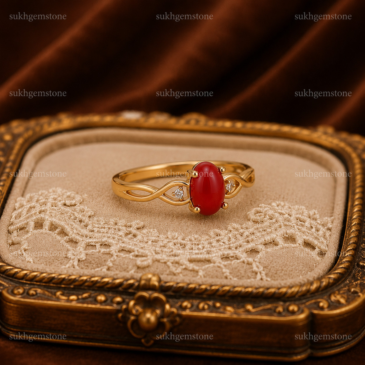 Lab Created Red Coral Ring, Base Metal: Brass Finish: Gold Plated