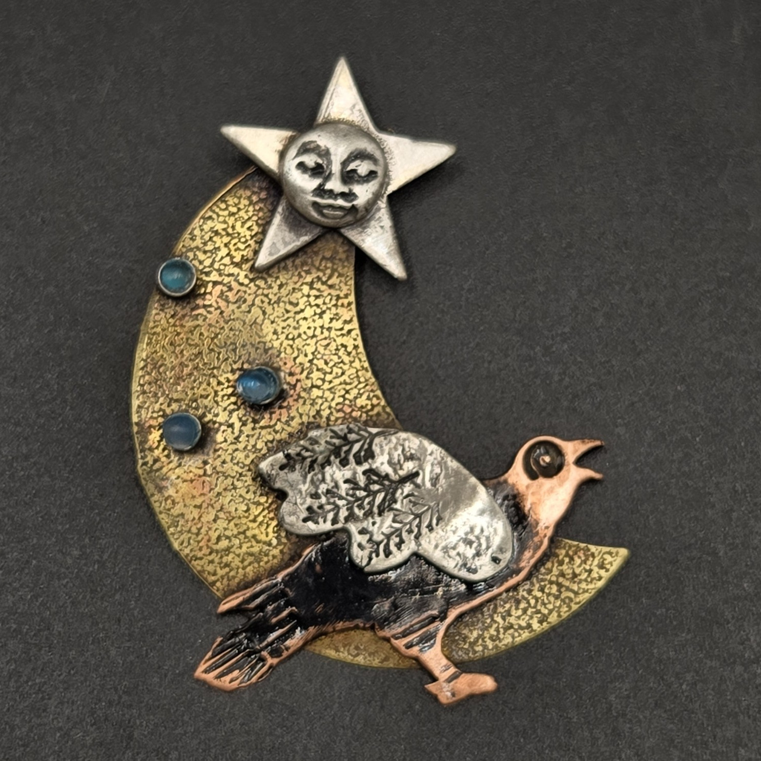 Eclectic Handmade Gold & Silver Tone Moon, Bird and Sun Pendant