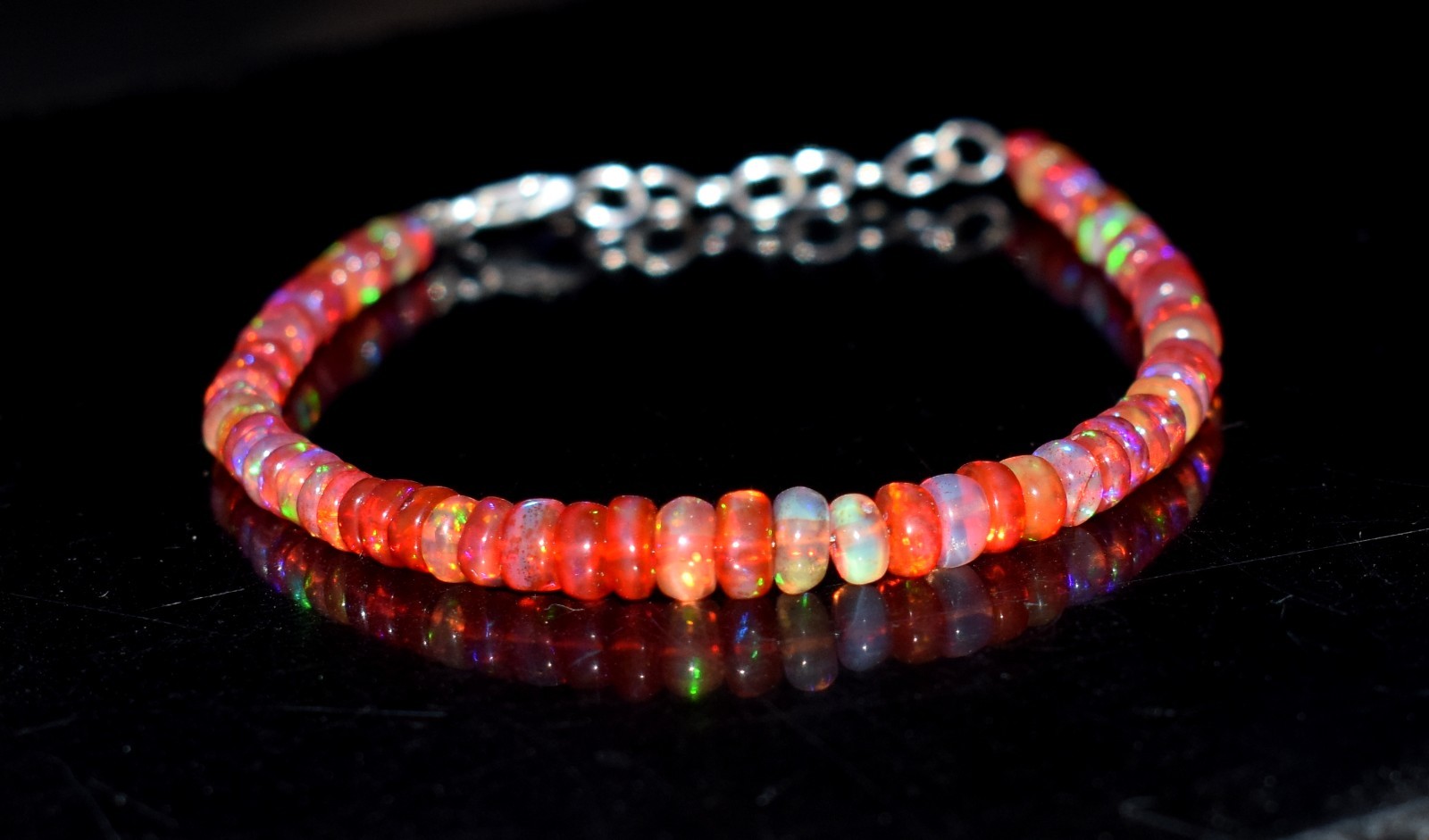 925 Sterling Silver Natural Ethiopian Opal Gemstone Beads 7.5”Bracelet AF0328