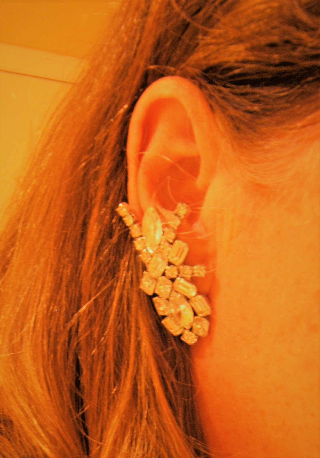 Vintage Emerald Cut Rhinestone Large Clip Earrings Very Good Condition 1 7/8″