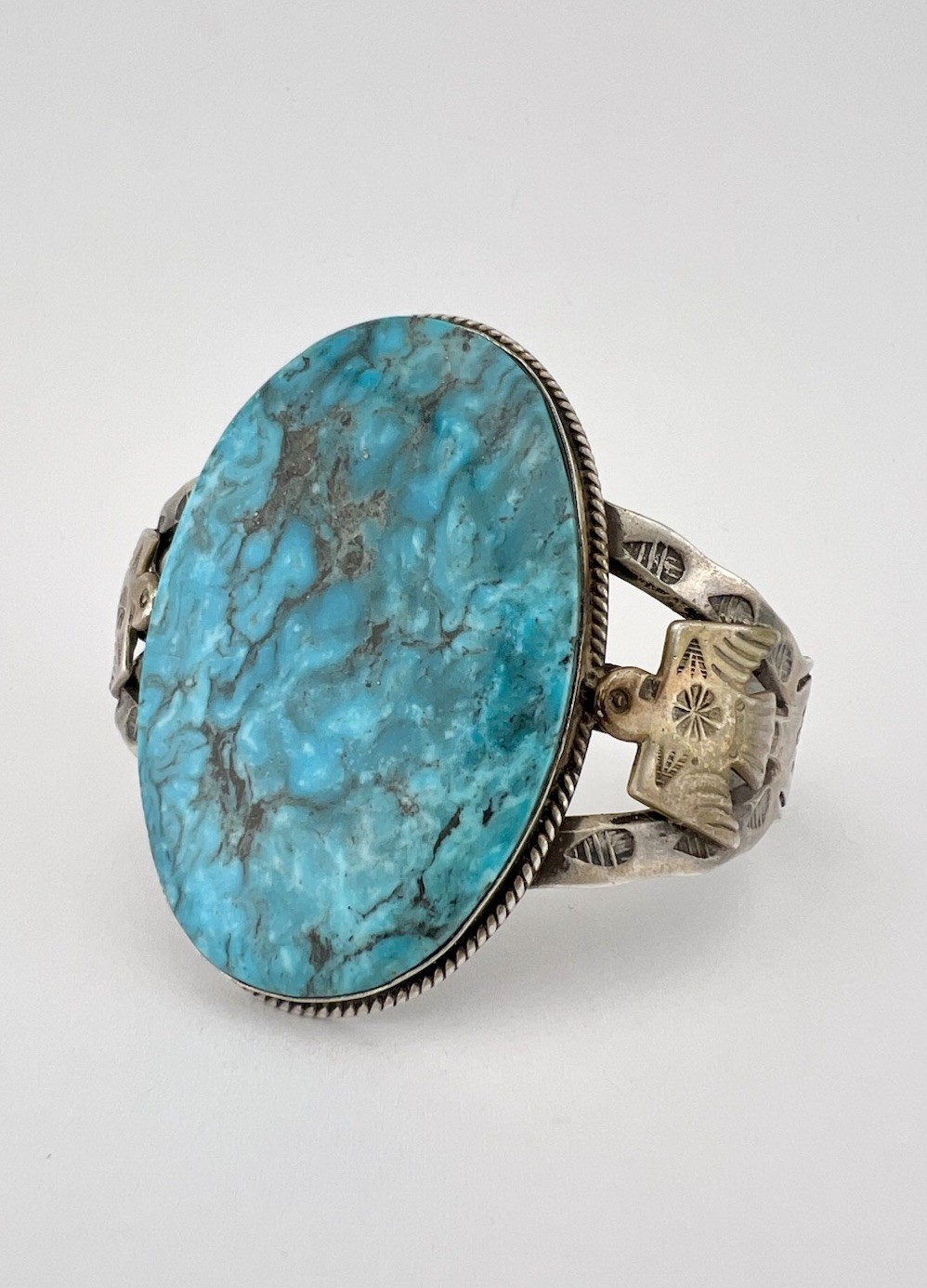 Fred Harvey Navajo Sterling Silver Kingman Turquoise Thunderbird Cuff Bracelet