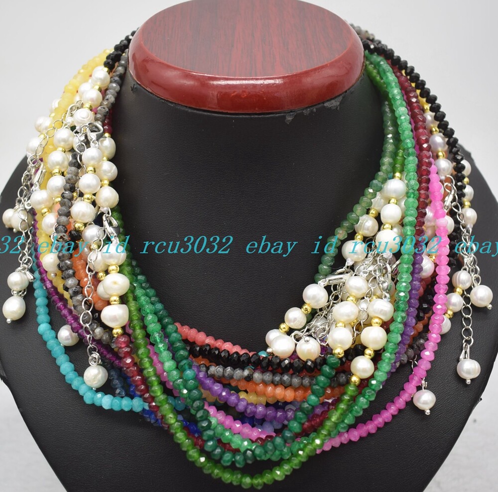 Faceted 2x4mm Multicolor Roundelle Gems & White Pearl Necklace Bracelet Set