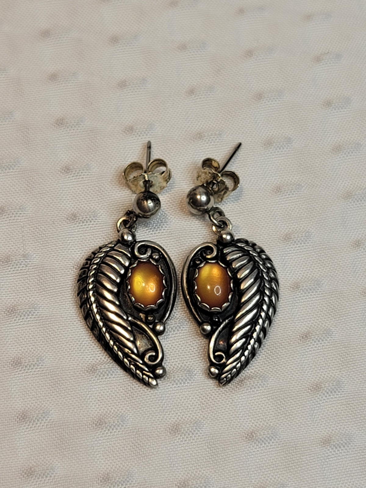 Vintage Wheeler Co Sterling Silver 925 Bezel Set Orange Stone Leaf Post Earrings