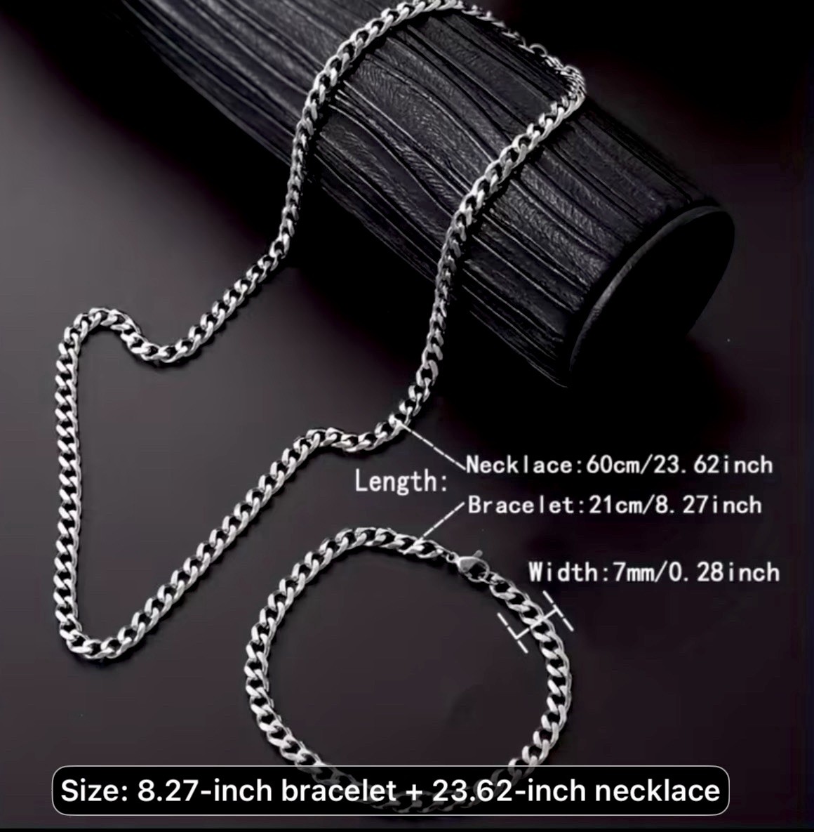 Stainless Steel Silver Cuban Link Necklace 23.62in & Bracelet 8.27in Set