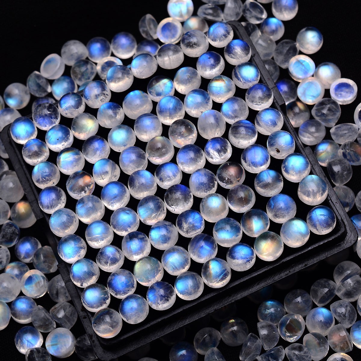 27 Pcs Natural Rainbow Moonstone 5mm Finest Quality Round Cabochon Gemstones Lot
