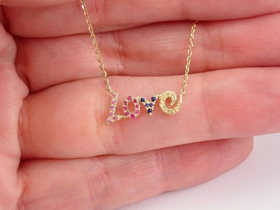 18K Yellow Gold Plated 2Ct Round Lab-Created Multi Color LOVE Necklace 18′ Chain