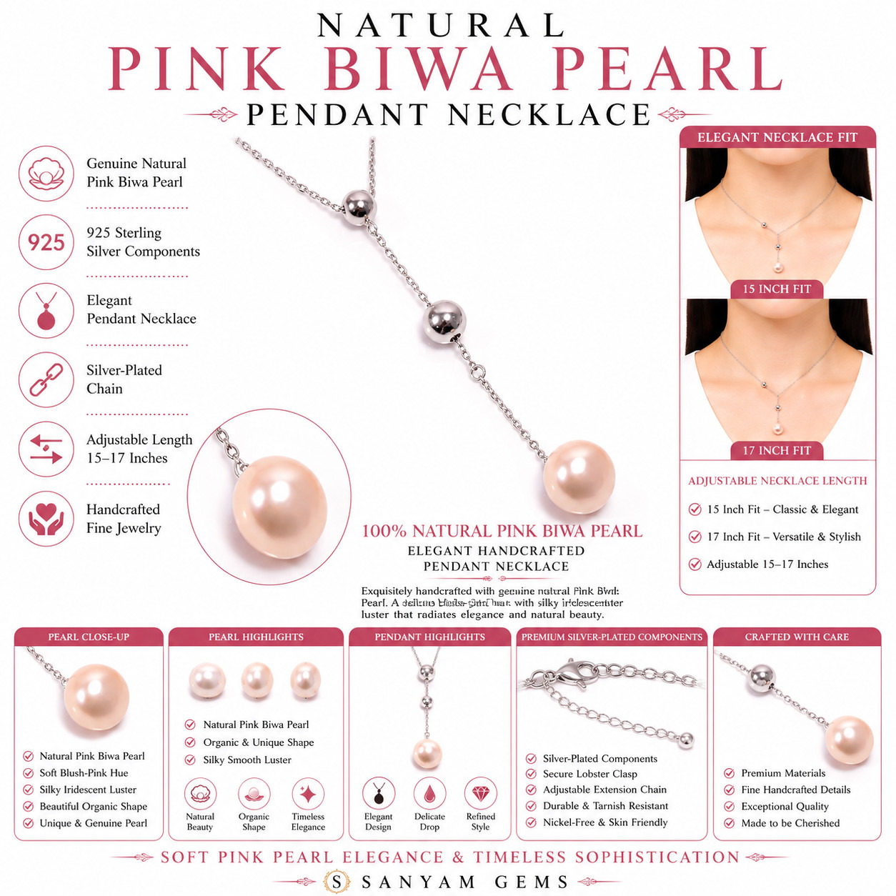 Pink Biwa Pearl Round Pendant Necklace 925 Sterling Silver Chain 15-17″ P-695