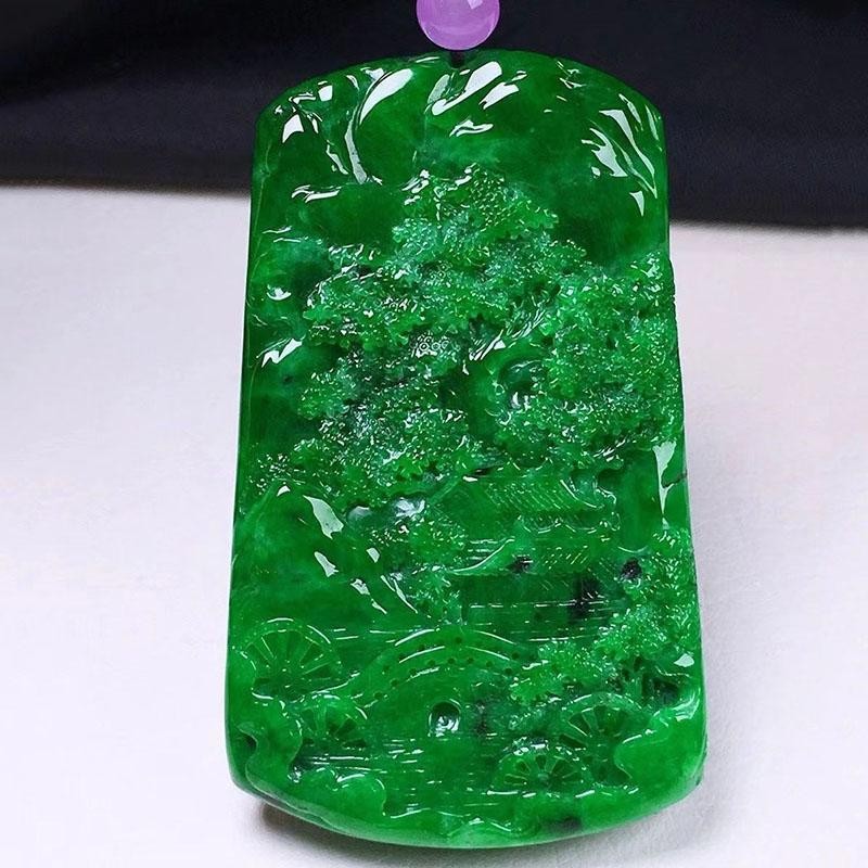 Full Green Waxy Ice Jadeite Landscape Pendant Moist Polished Unisex Jewelry Gift