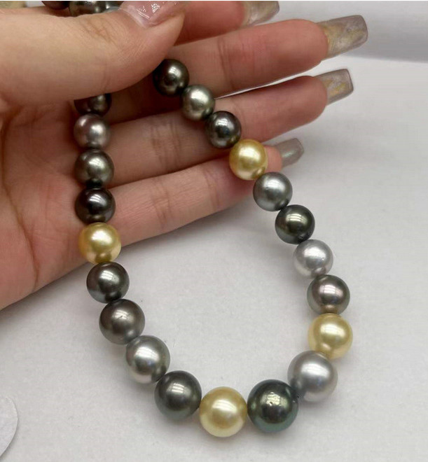 Stunning 17″11-14mm Natur South Sea Genuine Black Gray Gold Round Pearl Necklace