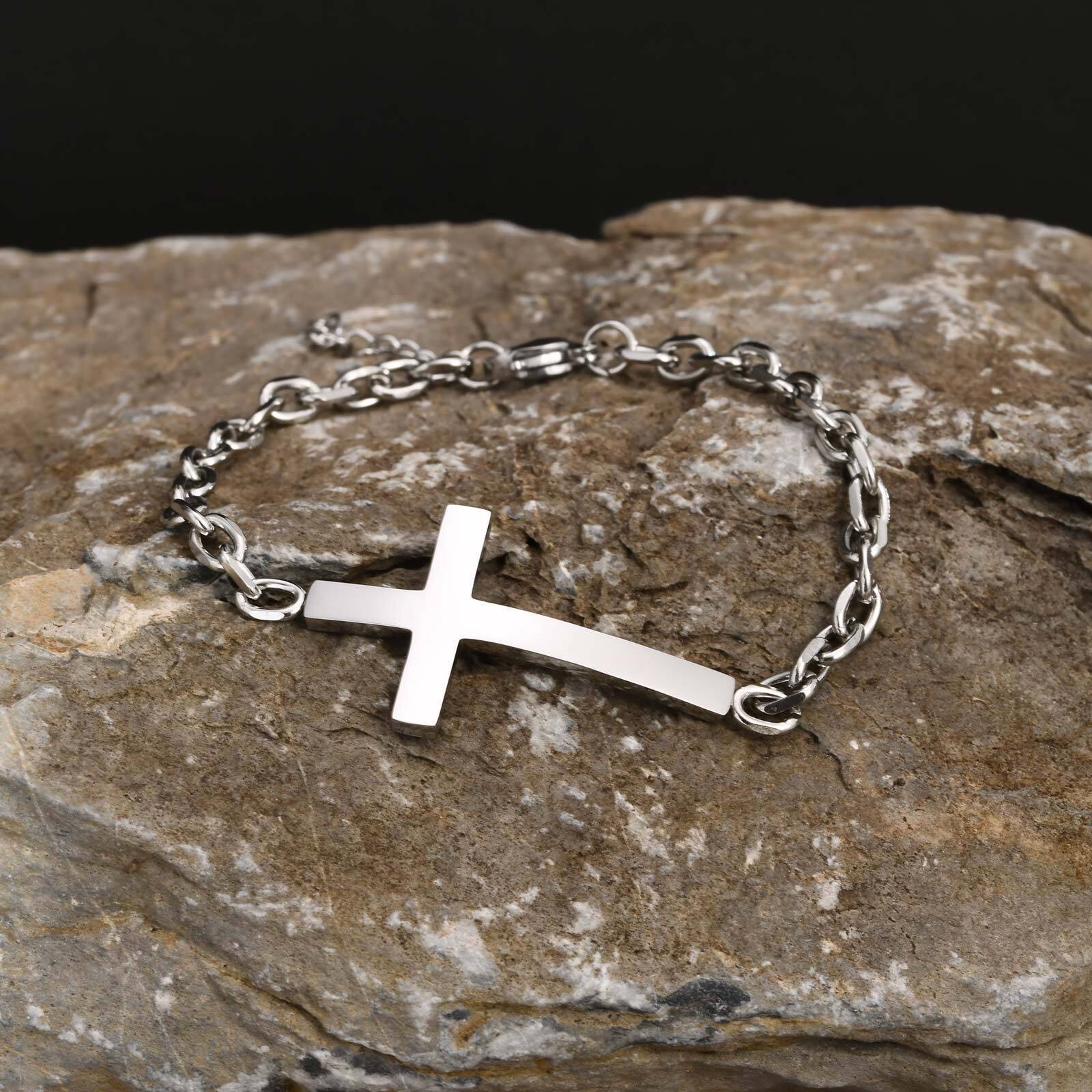 Cross Bracelets Rolo Link Chain Wristband Christ Faith Stainless Steel Mens Gift