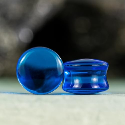 Semi-Transparent Double Flared Glass Ear Gauges Plugs, Arc Surface 16mm Blue