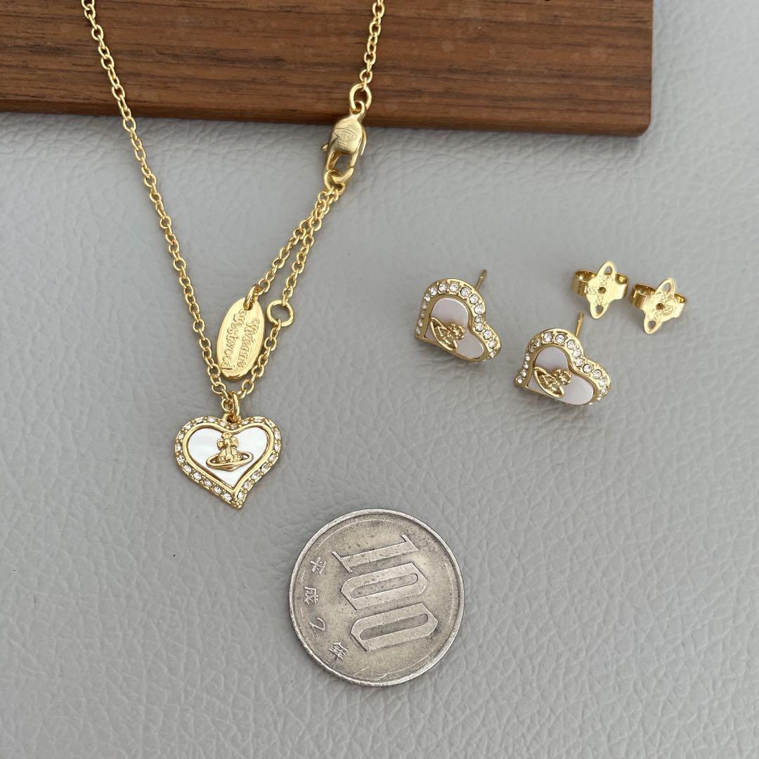 Petra Heart Shell Necklace Earrings Set Gold With Pouch