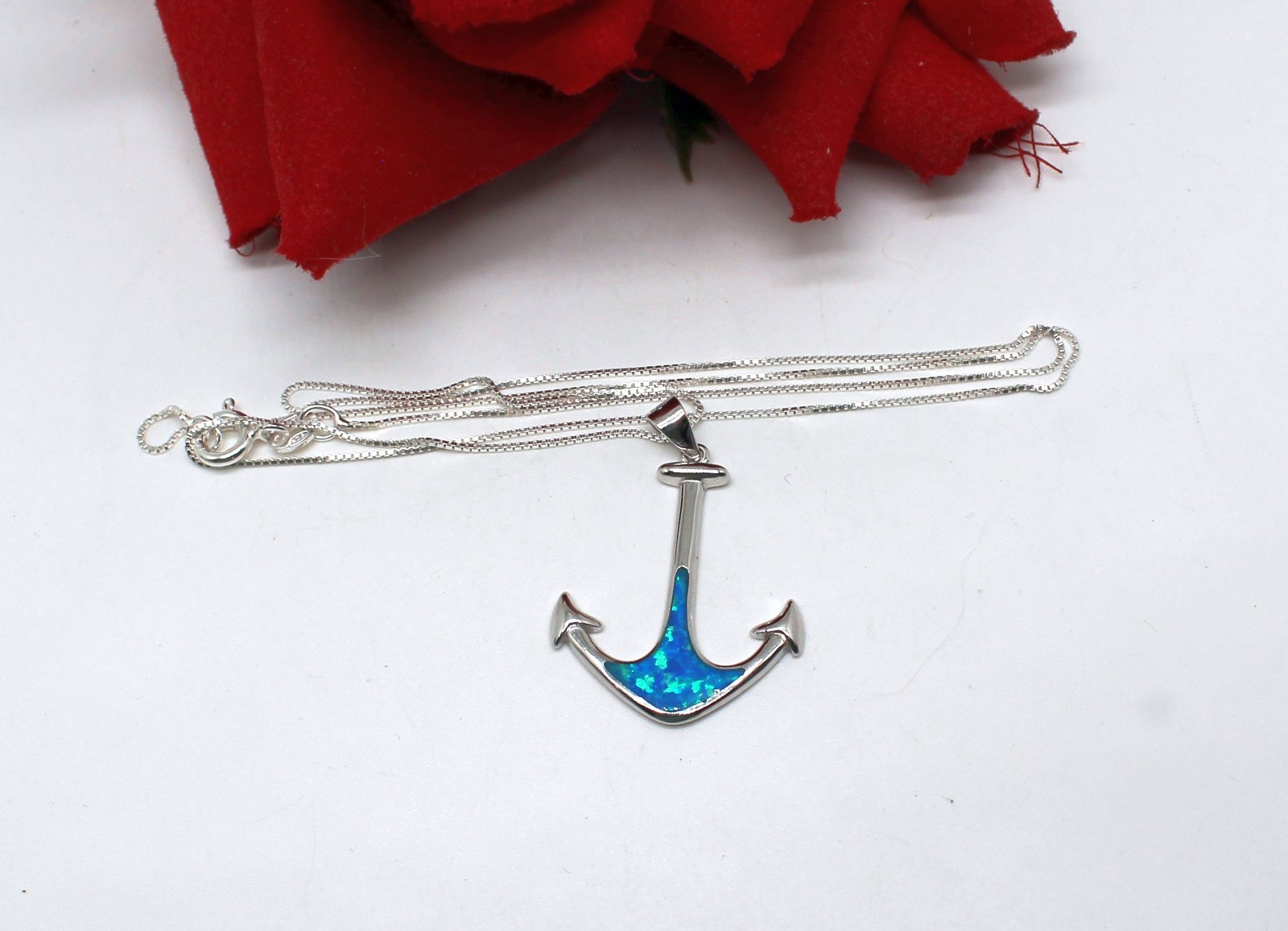 Sterling Silver Imitation Opal Boat Anchor 3.29g 18″ Necklace CAT RESCUE