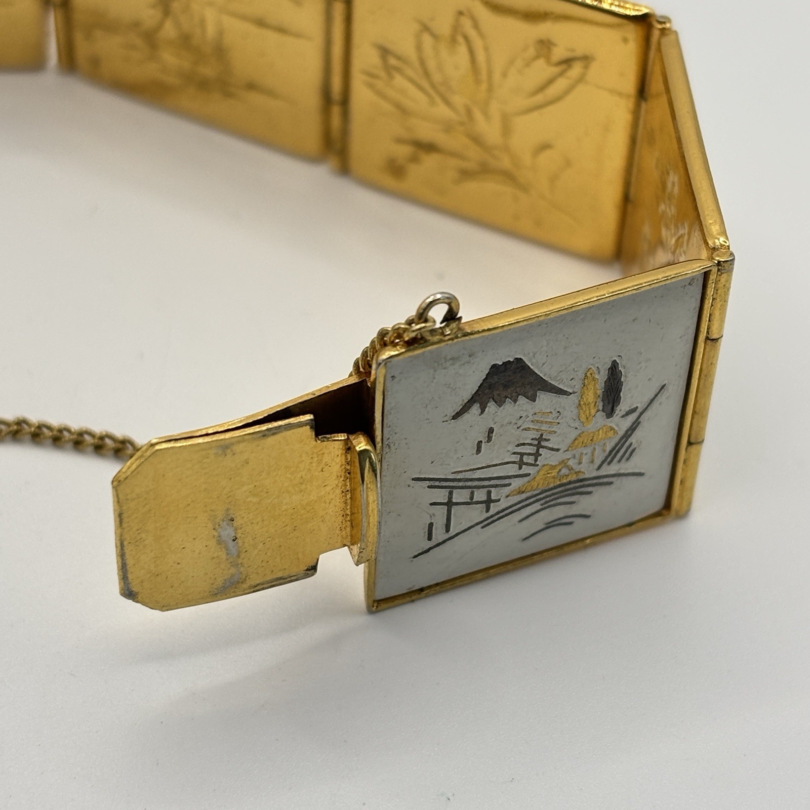 Vintage Amita Japan Damascene Panel Bracelet Gold Tone Scenic Floral Bird Motif