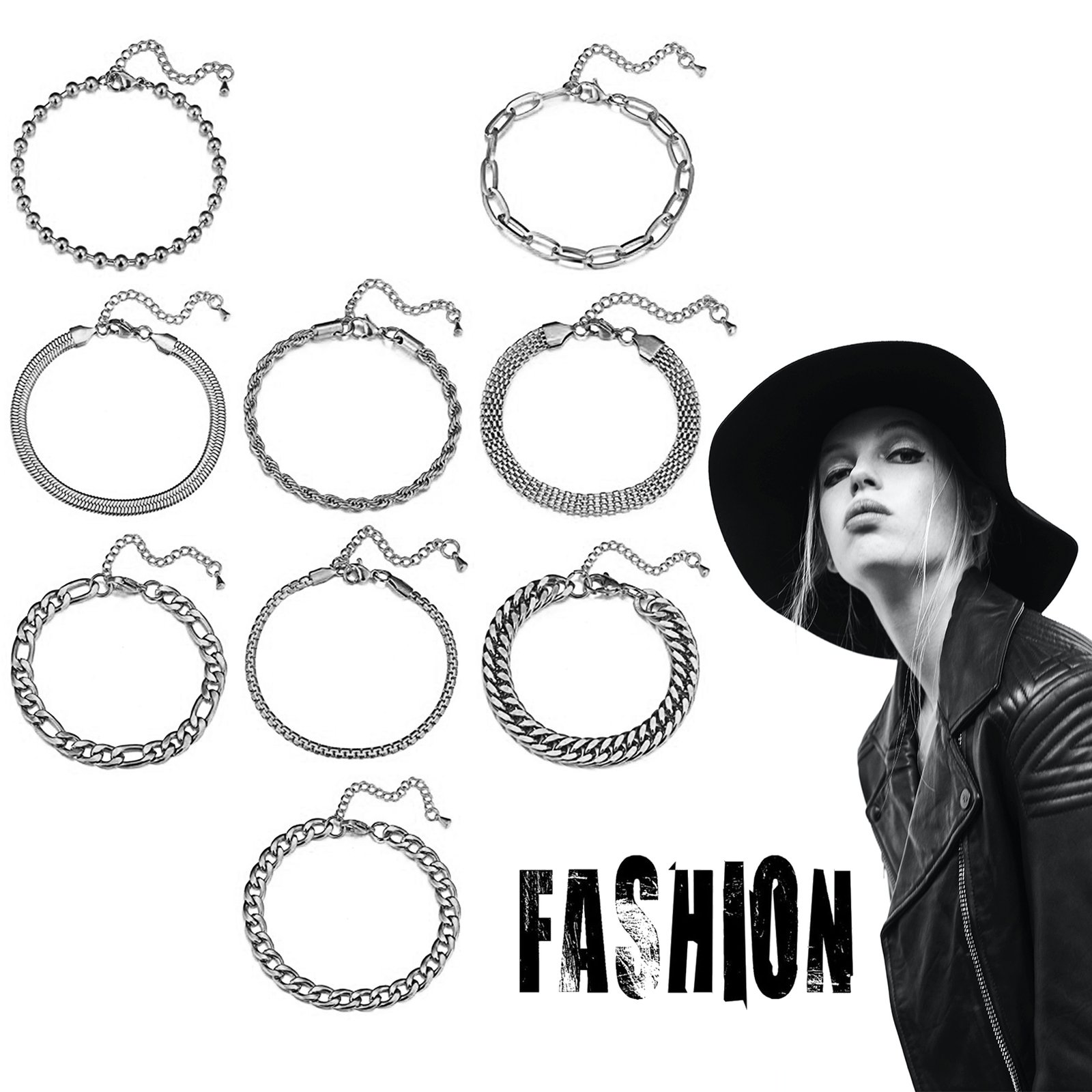 9-18pcs Women’s Stainless Steel Cuban Bracelet Chain Jewelry Set Adjustable
