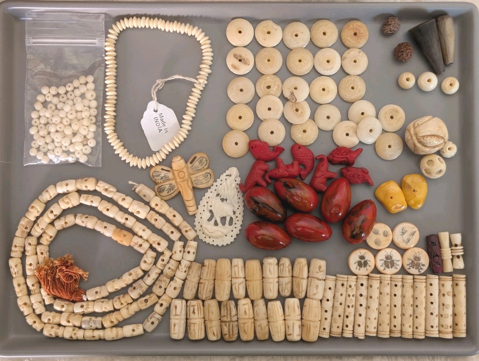 Vintage Carved Bone Bead Lot Skull Necklace Mixed Material Craft Jewelry