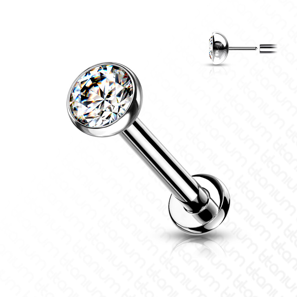 20G 18G Threadless Push in Labret Flat Back Studs Implant Grade Titanium CZ Gems