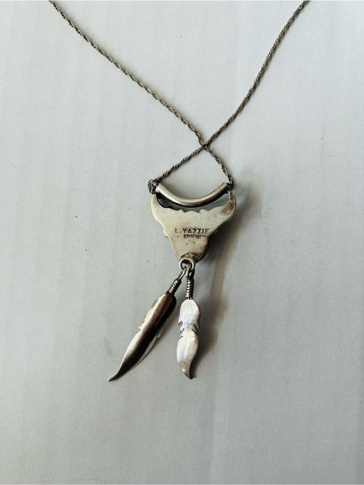 L Yazzie Navaho style Sterling Silver Pink Stone Feather vintage necklace