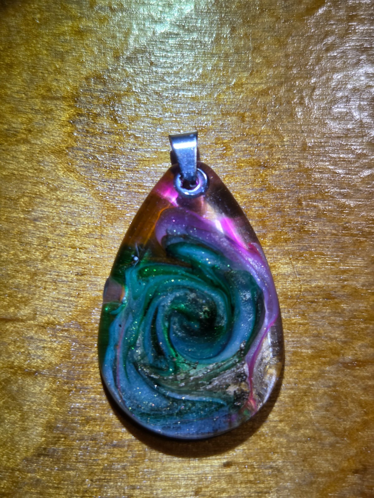 OOAK Green Pink Spiral Petri Effect Resin Teardrop Pendant N115