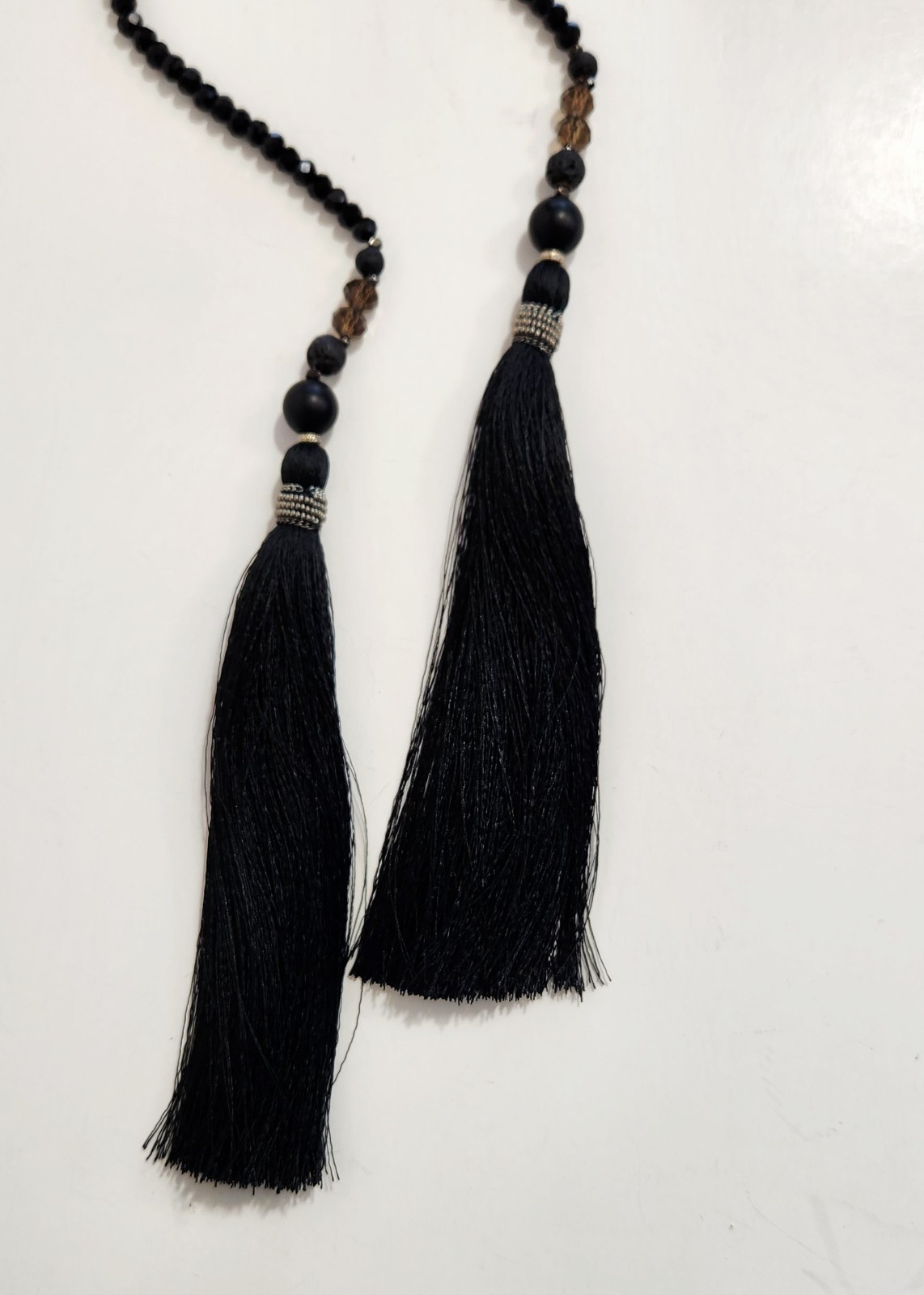 Long Black Crystal Beaded Tassel Lariat Necklace Silver Tone Accents 52″ Flapper