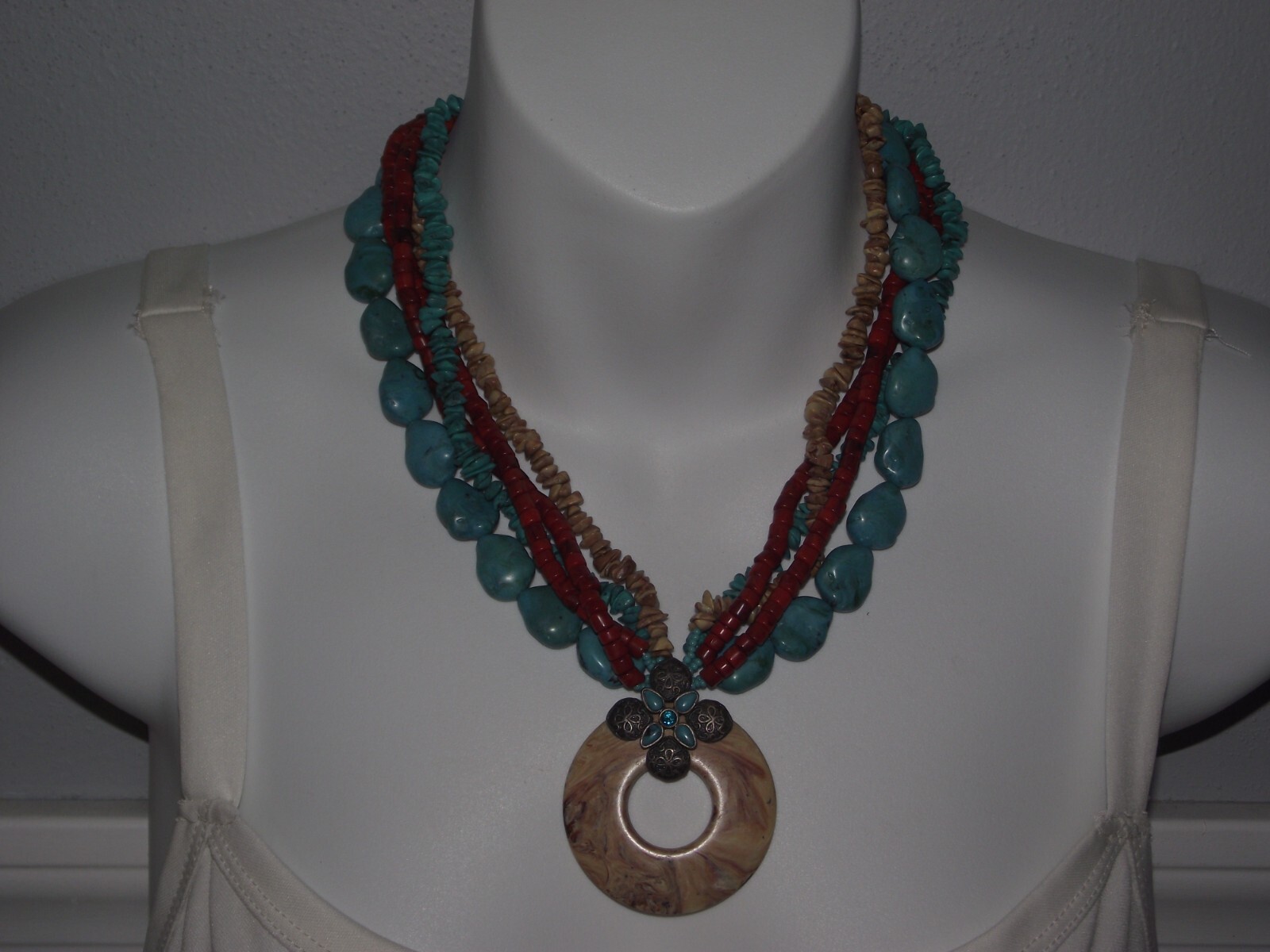 Faux blue turquoise tan orange shell silver tone bead round pendant necklace