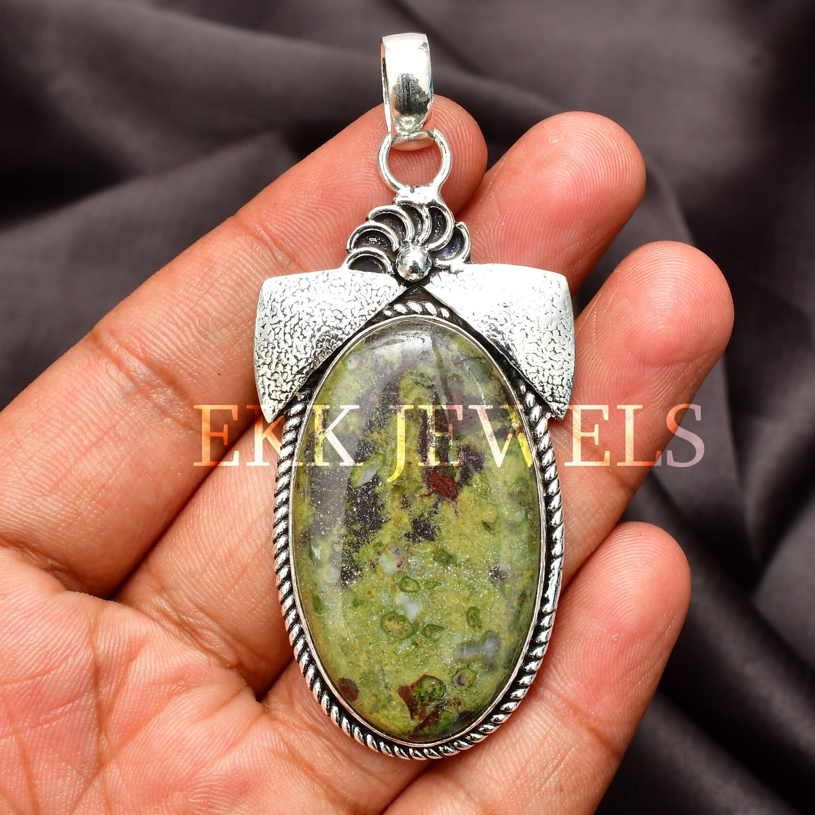 Drgon Jasper Gemstone Handmade 925 Sterling Silver Jewelry Pendant 2.10″