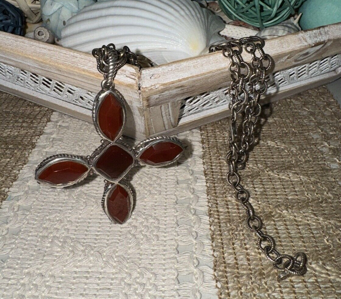 Barse Sterling Silver 925 Multi Strand Cross Necklace 80 grams Carnelian Scrap