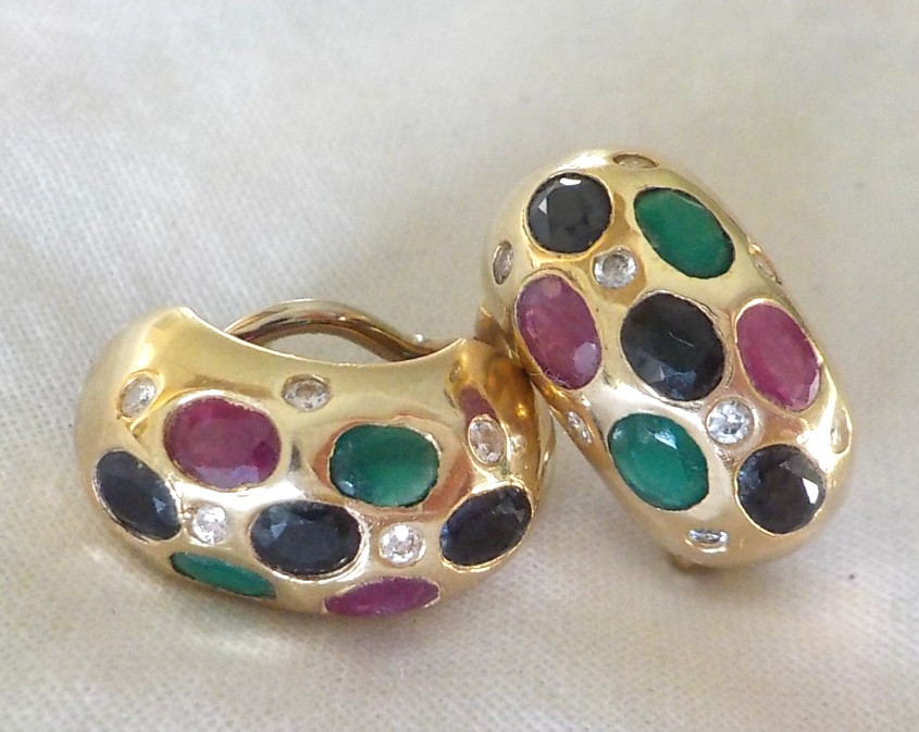 14k Yellow Gold Dotted Multi Gemstone Earrings – 7.80 gms, 0.70 in, 2.46 ctw