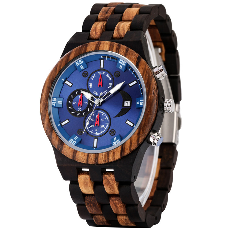 Men’s Wood Watch Chronograph Auto Date Display Mixed Adjustable Full Wooden Band