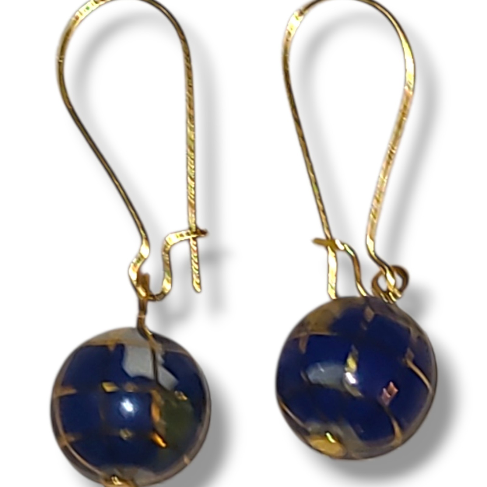Vintage Blue Globe Dangle Earrings Gold Tone Earth World Map Bead Boho