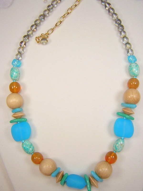 CZECH CHUNKY BEADS NOS Blue Turquoise Lt Wood Glass & Gold Chain Choker Necklace