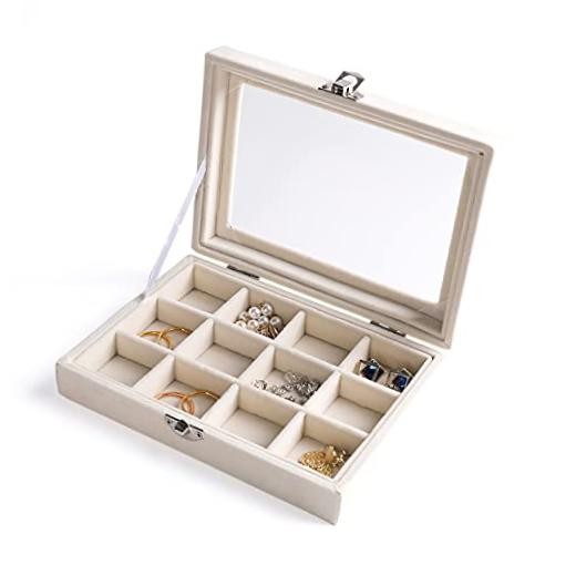 Jewelry Organizer Tray with Clear Lid – Velvet Drawer Insert 12 Grid Beige