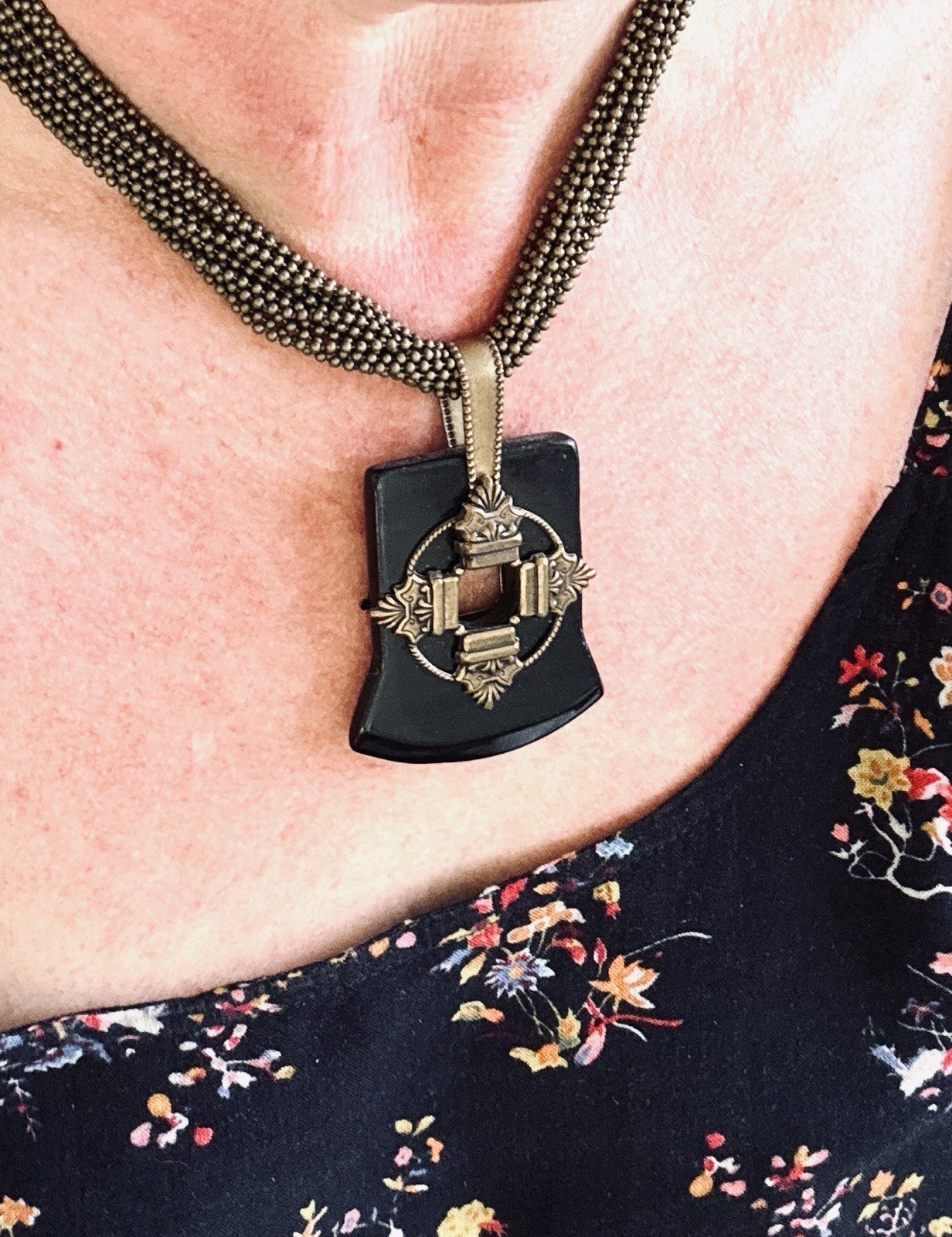Ann Michaels Bronze Multi-Strand Pendant Necklace Geometric Ball Chain