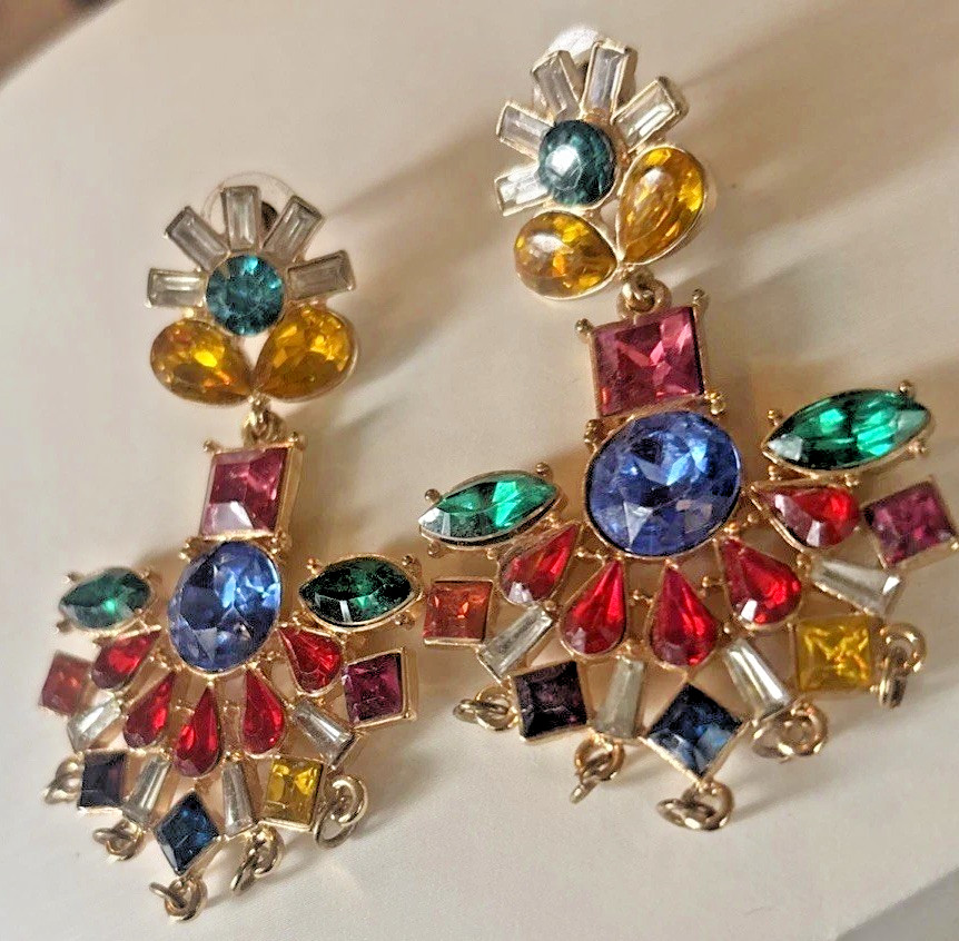 Crystal Earrings 2.75” Vintage Look Multicolor Dangle Statement Retro Jewelry