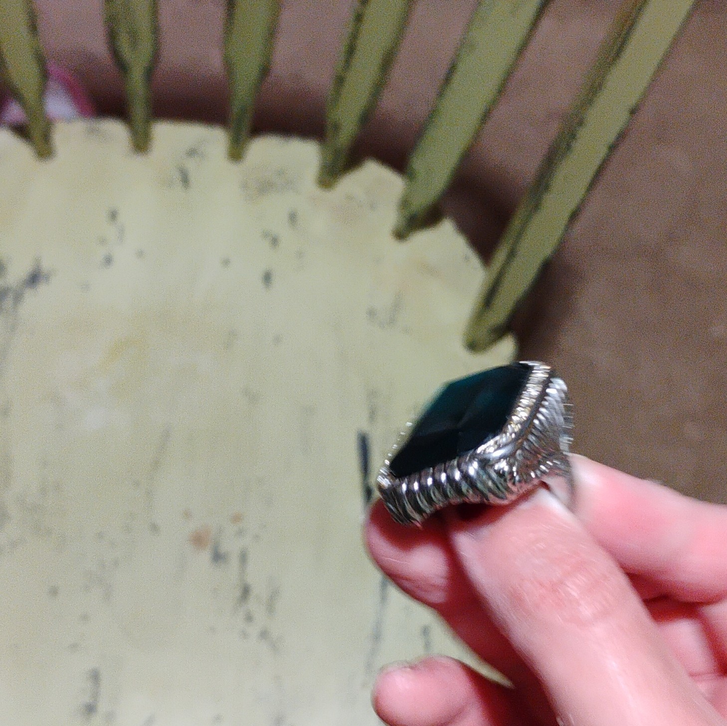 Silver Tone Cocktail Ring Size 9 Blue Rectangular Stone Rhinestone Halo