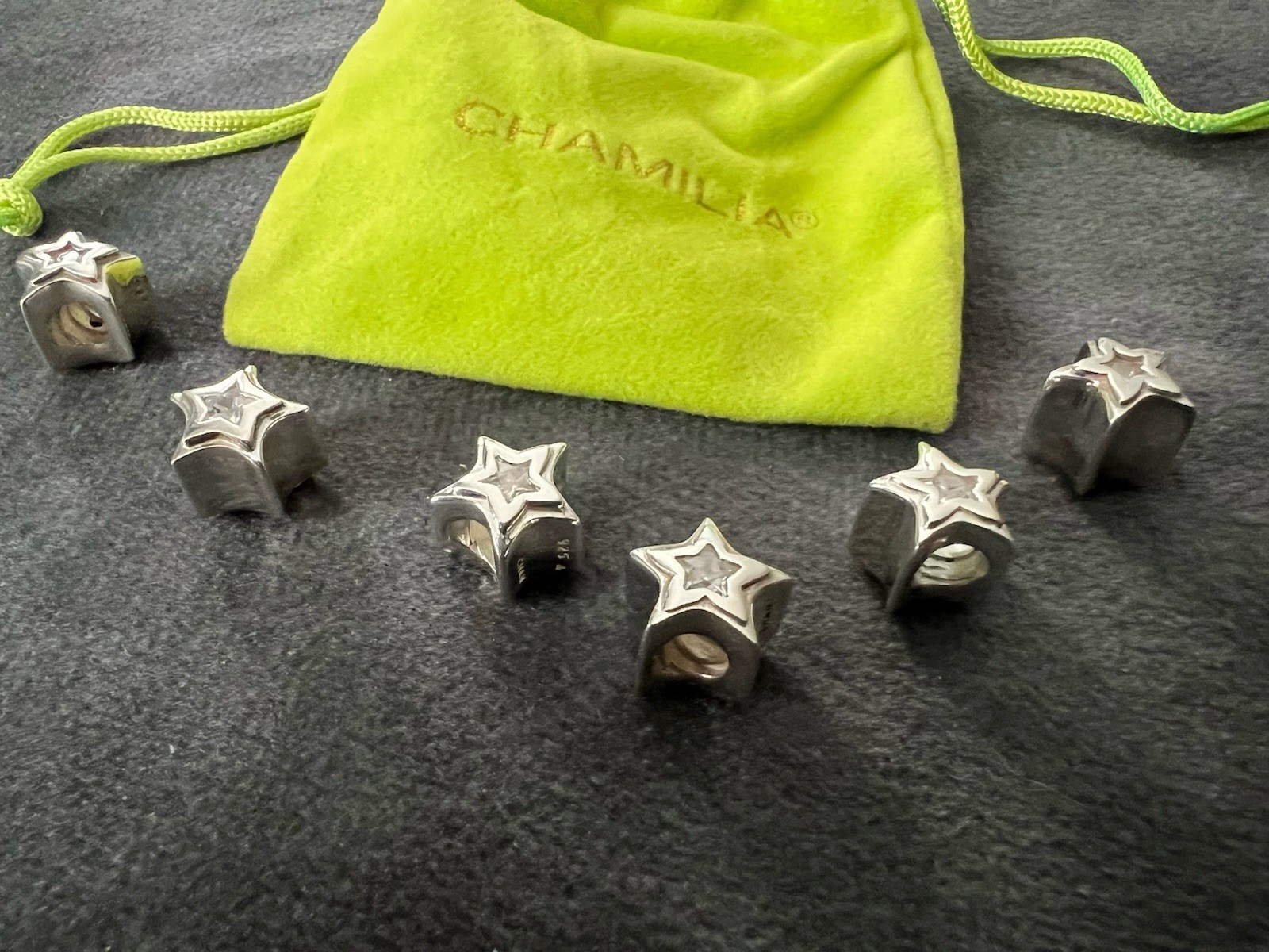 Lot Of 6 Chamilia 925 Sterling Silver Star CZ Charm Beads w/ Dust Bag Retired