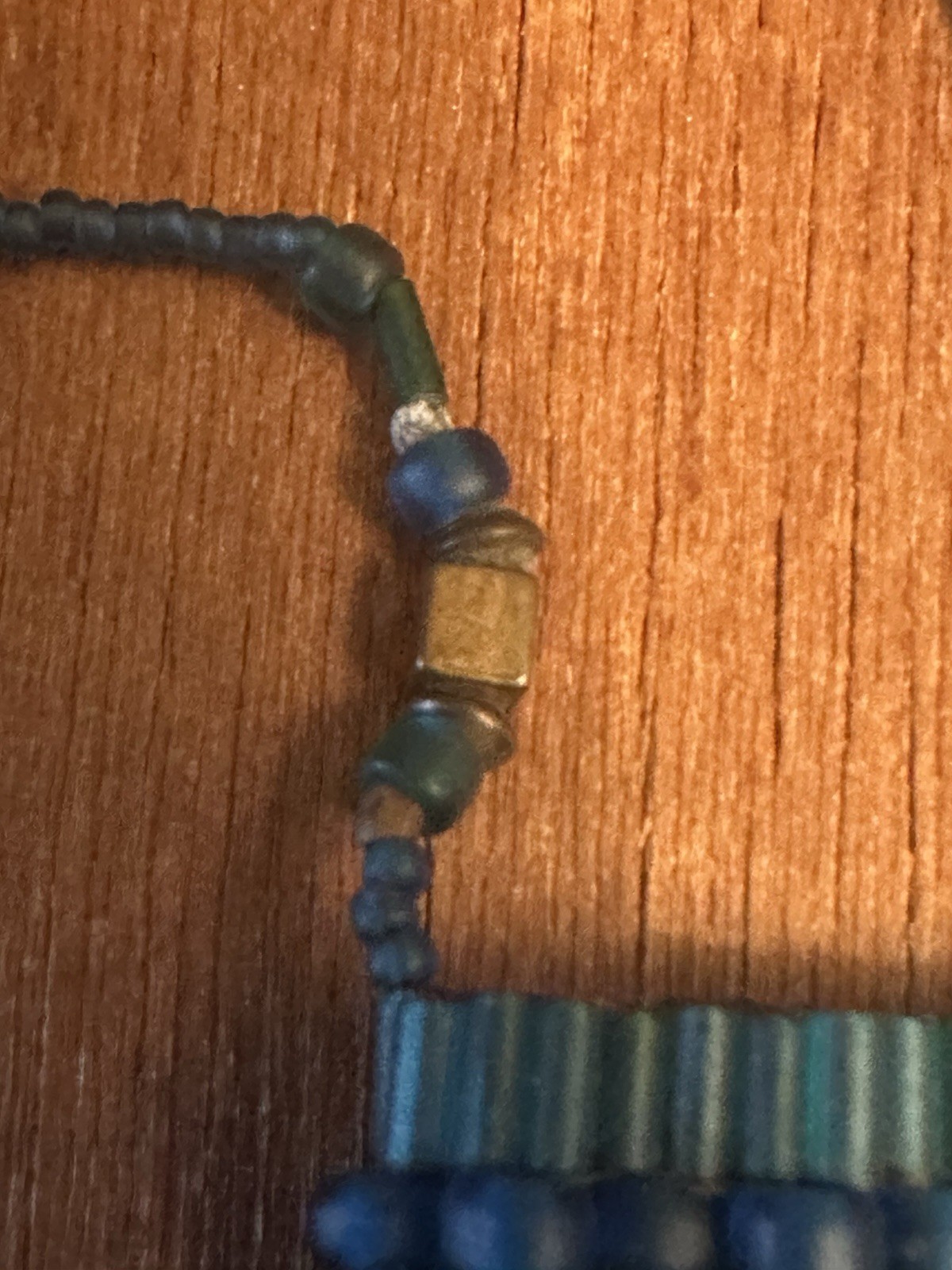 Handmade Blue Beaded Necklace Square Pouch Style Artisan Bohemian