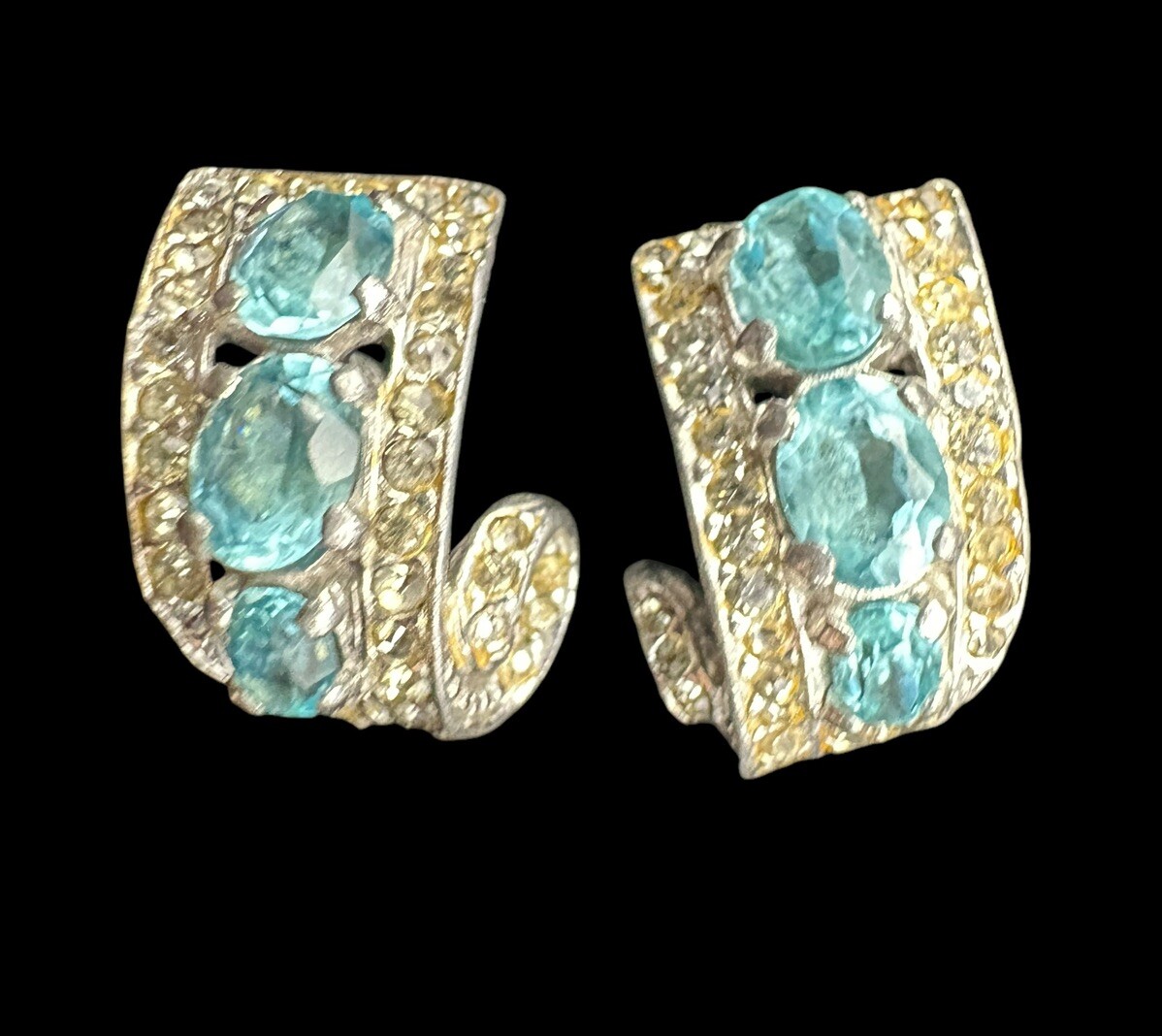 Vtg 40s Art Deco Style CASTLECLIFF AQUA BLUE & Clear Rhinestone Clip Earrings