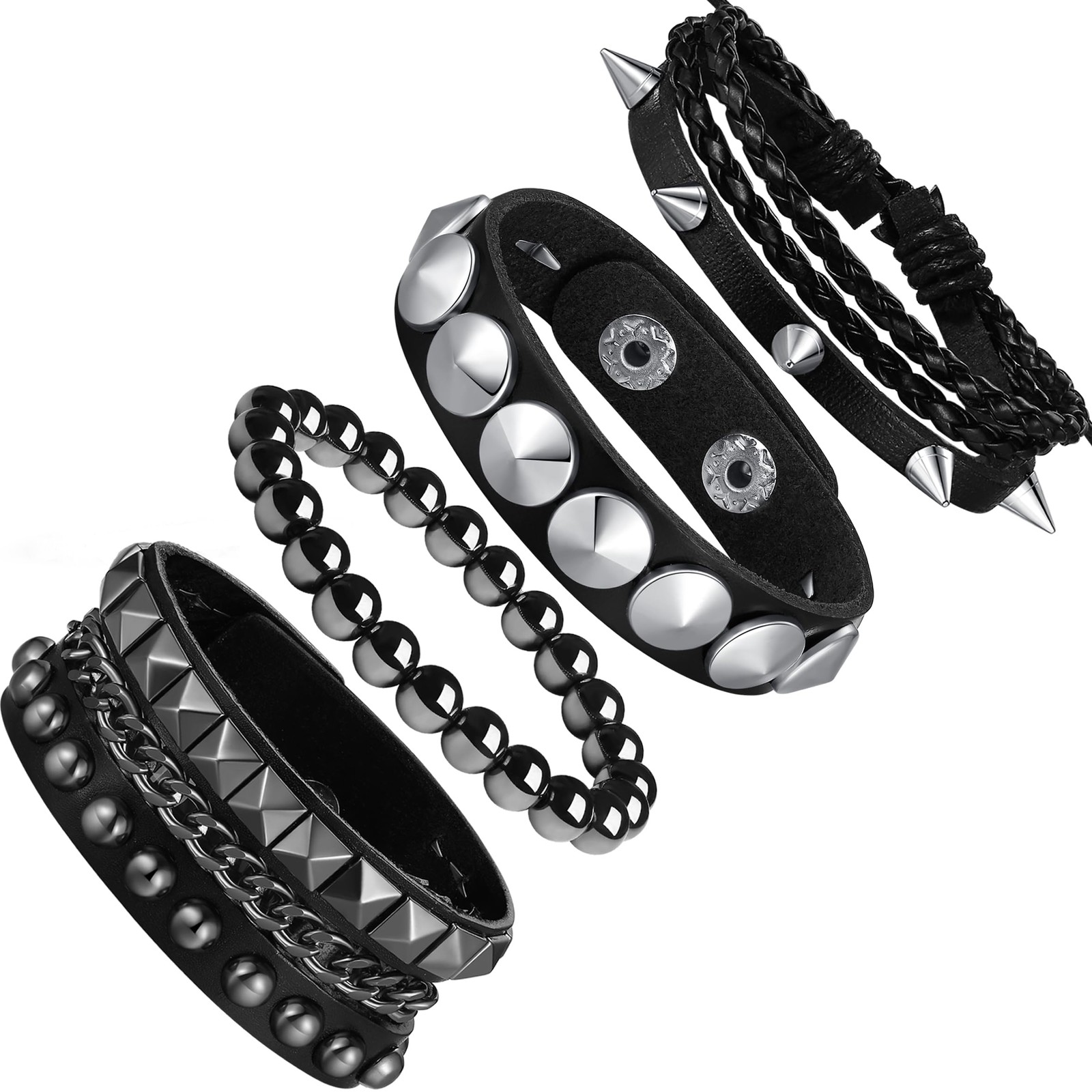 Sahoottie 4Pcs 7.2-7.8in Emo Studded Bracelets for Men Women Large, Black-A03