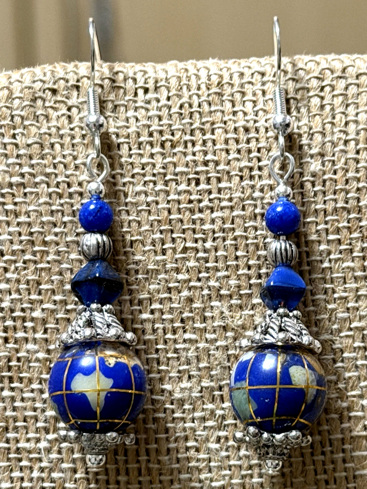 NEW ITEM*VTG.12MM BLUE LAPIS GEMSTONE INTARSIA GLOBE EARRINGS .925 EAR WIRES-NEW