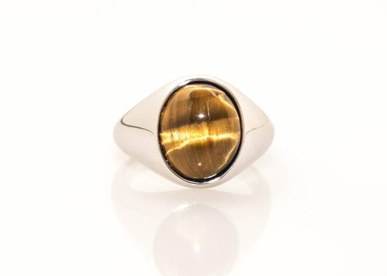 Solid 925 Sterling Silver Natural Tiger’s Eye Oval Gemstone Men’s Unisex Ring